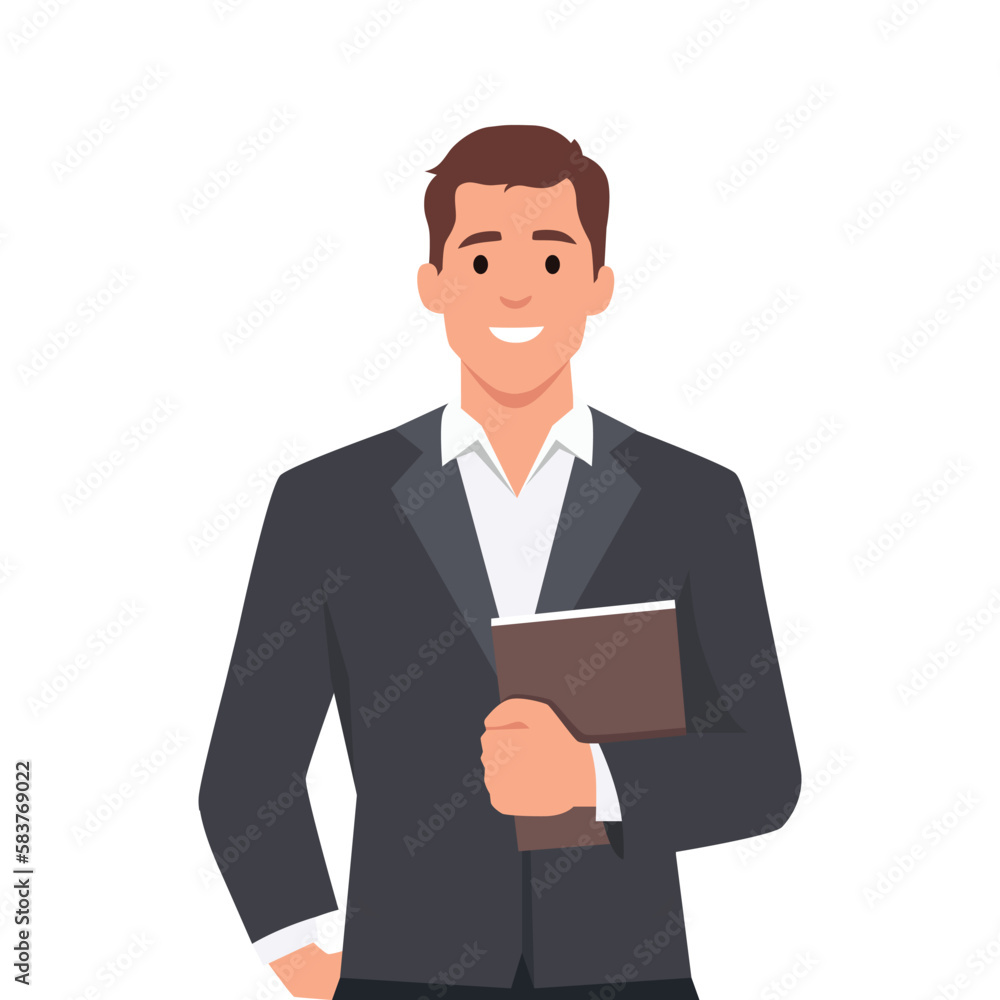 Standing businessman hold clipboard. Manager with hand in pocket