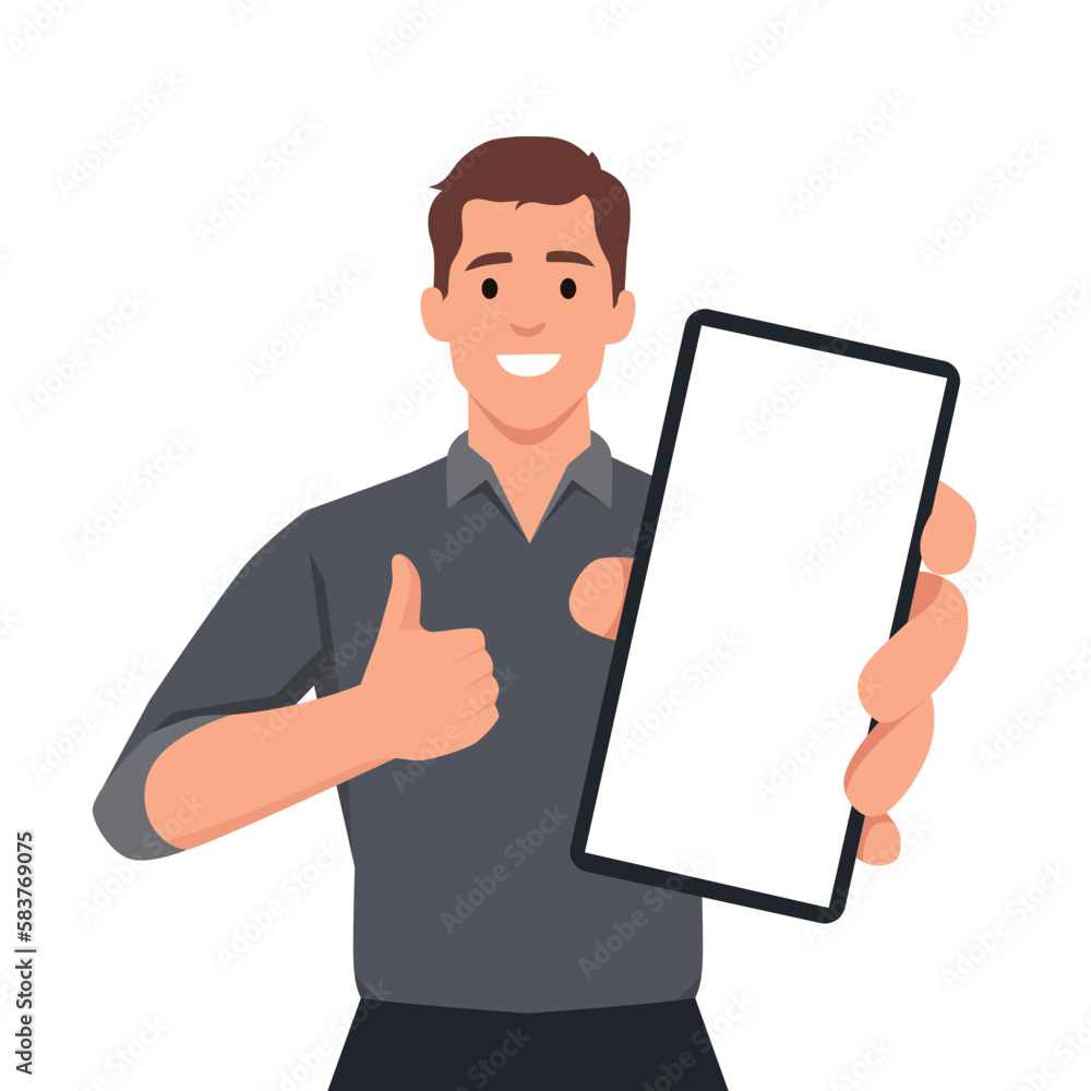 Happy young man showing smartphone and showing thumbs up or like sign. Mobile phone technology concept