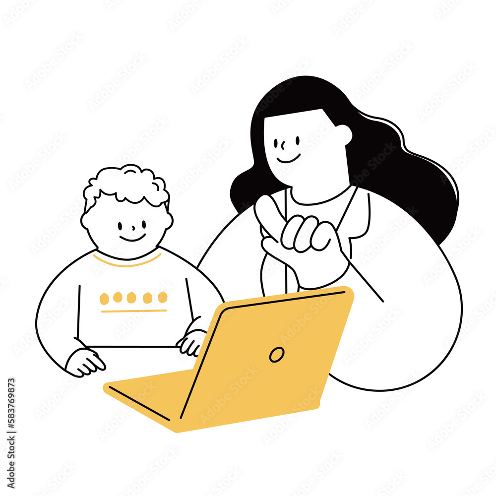 A vector illustration of a child studying on a laptop and a female teacher supporting his learning.