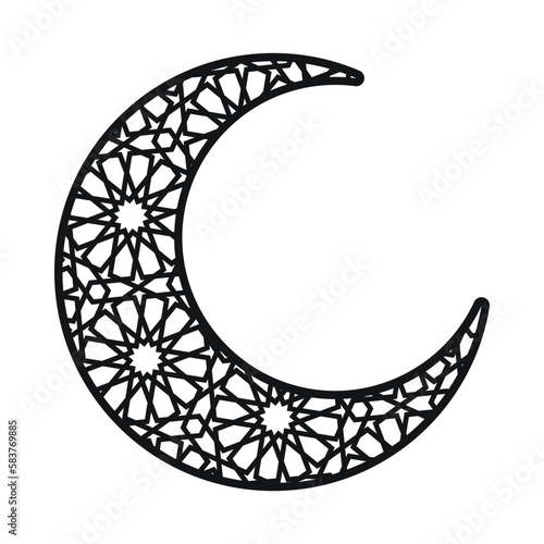 Crescent moon with islamic geometric pattern, ramadan kareem moon, crescent ornament vector illustration