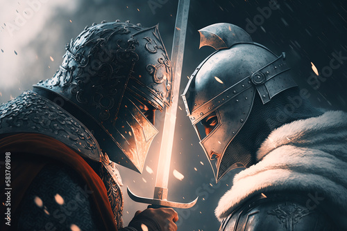 Side view of two medieval knights in armor and helmets with sword confronting each other. Battle, war, armed conflict, duel concept. Illustration created by generative ai