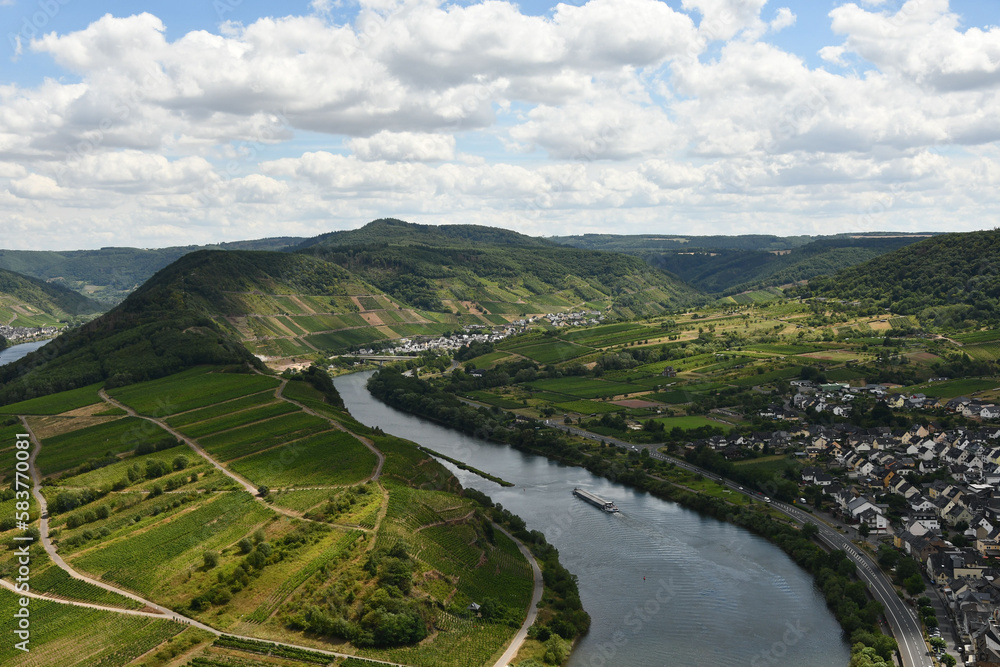 Bird's eye view of a village near the Moselle loop surrounded by greenery and vineyards in Germany