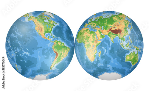 Highly detailed physical World Map in globe shape of Earth. Nicolosi globular projection – 3D.