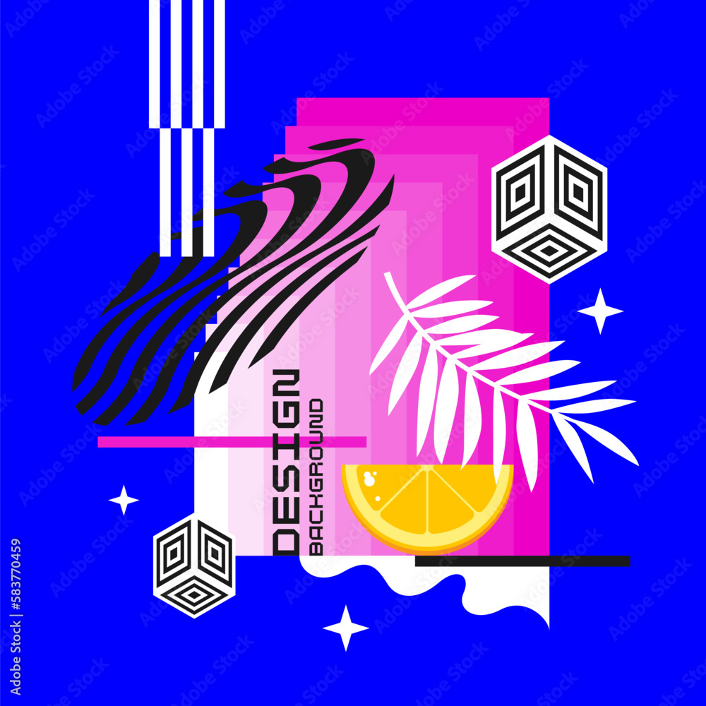 Obraz premium Bright background with geometric shapes and tropical leaves.