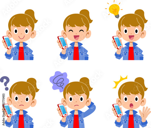 スマートフォンで通話する女の子の6種類の表情と仕草 