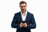 Portrait of a business man in suit using mobile phone. Caucasian man using smart phone cellphone for calls, social media, mobile app. Online chatting. Guy talking on the phone.