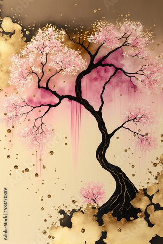 Blossom sakura tree with falling petals pastel pink and gold colors, watercolor, alcohol ink technic illustration photo