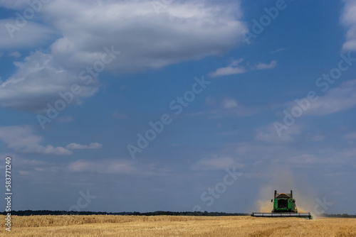 Combine harvester harvests ripe wheat. Ripe ears of gold field on the cloudy sky background. . Concept of a rich harvest. Agriculture image © Oleh Marchak