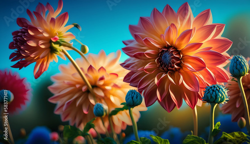 yellow dahlia  yellow flower  orange dahlia flower  beautiful Dahlia  flowers in the sun  flowers in the garden  flower background  flower and blue sky