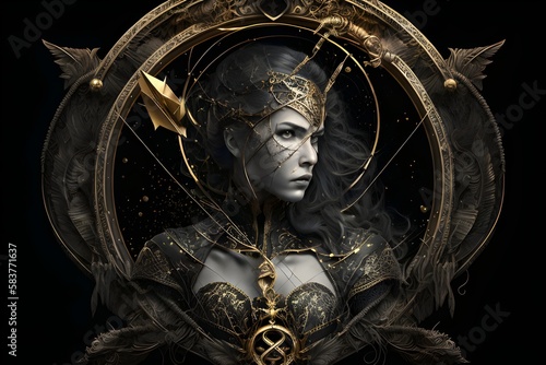 the image of the portrait of Sagittarius of the zodiac sign, gold and black, decorated with Gothic lace and precious stones, a fantasy generated by AI
