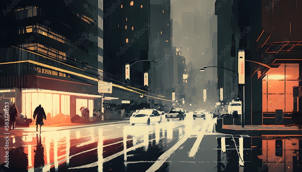 night scene of modern city street, illustration painting, Generative AI