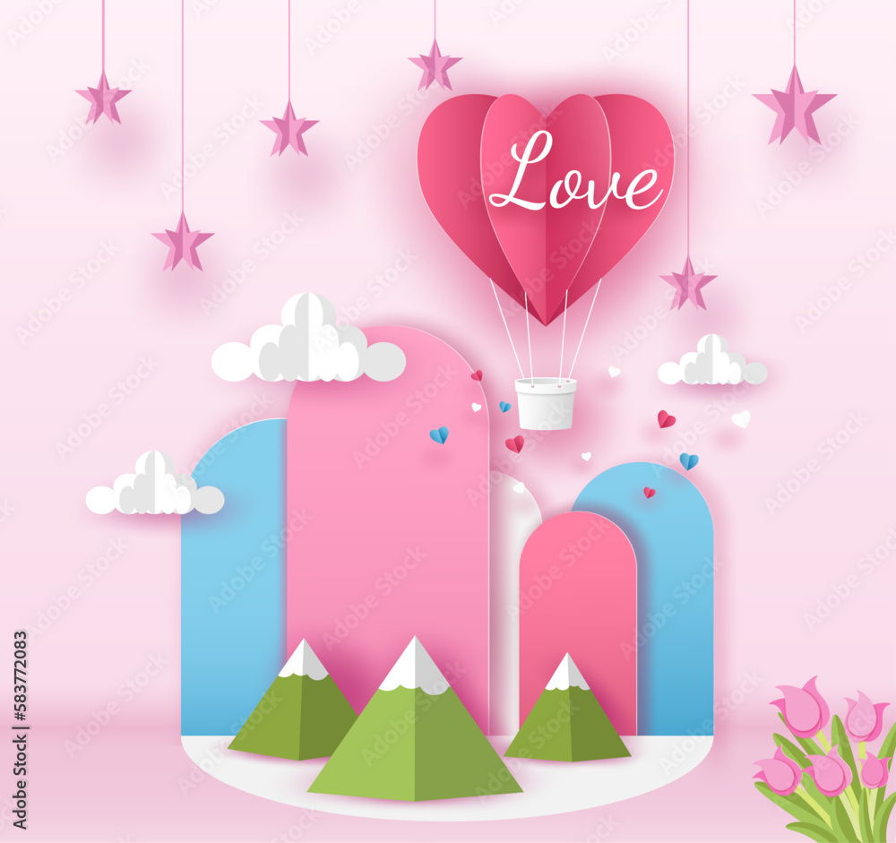 Pink origami hot air balloon in heart shape flying on the sky over the cloud and mountain in Valentine's day with pink background. Vector illustration art design in paper pop up or paper cut style. 