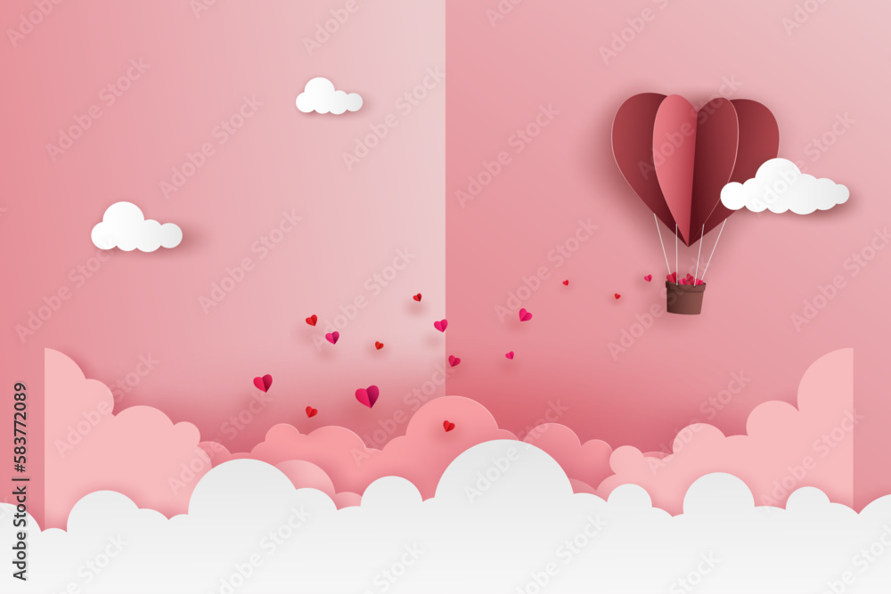 Pink origami paper in balloon heart shape flying on the sky over the cloud in Valentine's day with label text LOVE. Vector illustration art design in paper pop up or paper cut style.