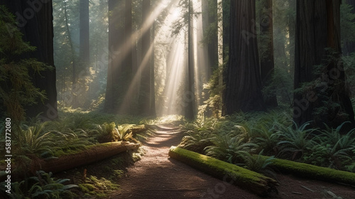 sunlight on the path in the redwood forest, light through the redwood photo