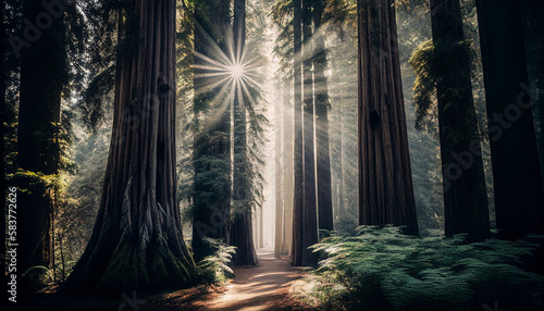 sunlight through the redwood forest in morning photo