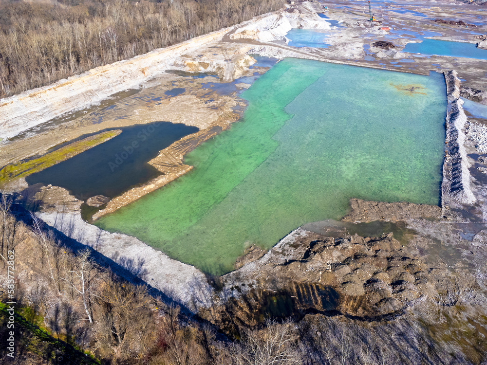 Aerial view landscape. Chemical factory water in turquoise color. Infection.