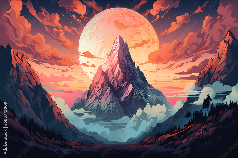 mountain and stunning sunset background. digital art illustration