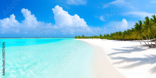 Beautiful sandy beach with white sand and rolling calm wave of turquoise ocean on Sunny day on background white clouds by Generative AI 