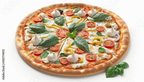 Overhead view of a deliciuos pizza on a white background - Generative AI