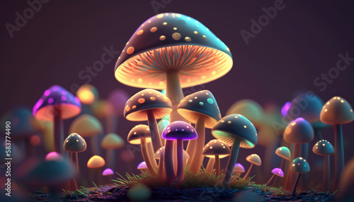 Decorative mushrooms colorful light.Generative AI. © ALIF