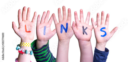 Children Hands Building Word Links, Isolated Background