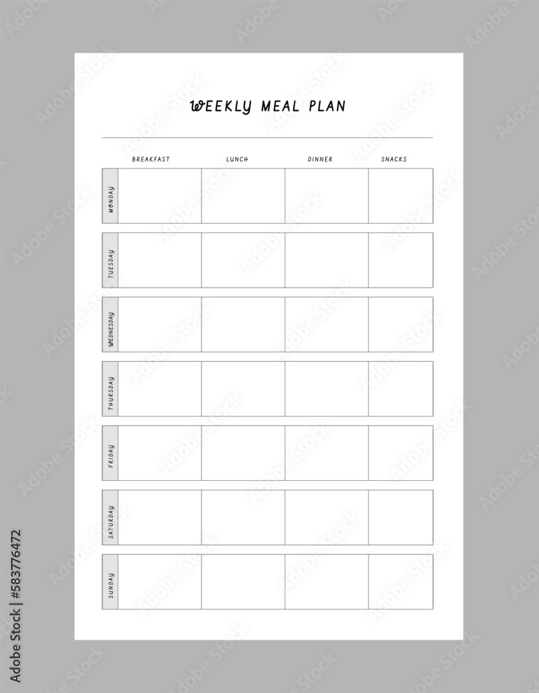 Weekly Meal Planner. Plan you food day easily. Vector illustration. Weekly Meal Planner. Plan you food day easily. Vector illustration.