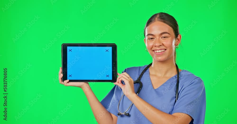 Green screen, mockup tablet and doctor smile for clinic website, online consulting and mobile app. Healthcare, nurse and portrait of woman on digital tech for wellness, medical service and telehealth Green screen, mockup tablet and doctor smile for clinic website, online consulting and mobile app. Healthcare, nurse and portrait of woman on digital tech for wellness, medical service and telehealth