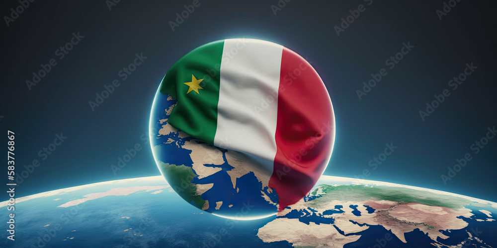 Italy Flag Flying Over Planet Earth with Sun Rising in Background ...