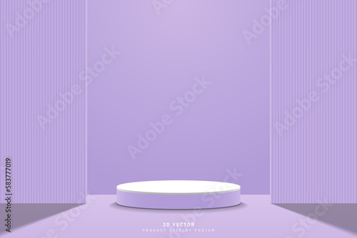 Abstract purple white 3d cylinder podium or product display stand with vertical wall geometric shape backdrop. 3d vector rendering in studio room. design stage for promoting product, mockup, template.