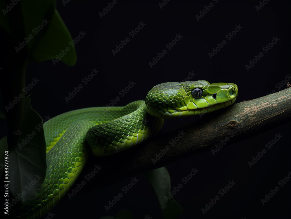 Fototapeta premium Venomous and poisonous snake, green viper snack on branch against dark background. Generative AI
