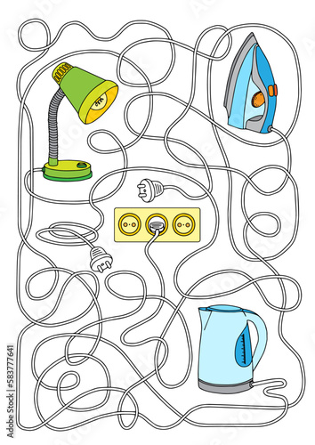 Maze for kids, untangle the electrical wire to find out which appliance is on