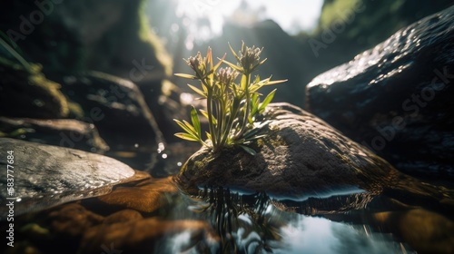 A plant on a rock in the water. Generative AI.