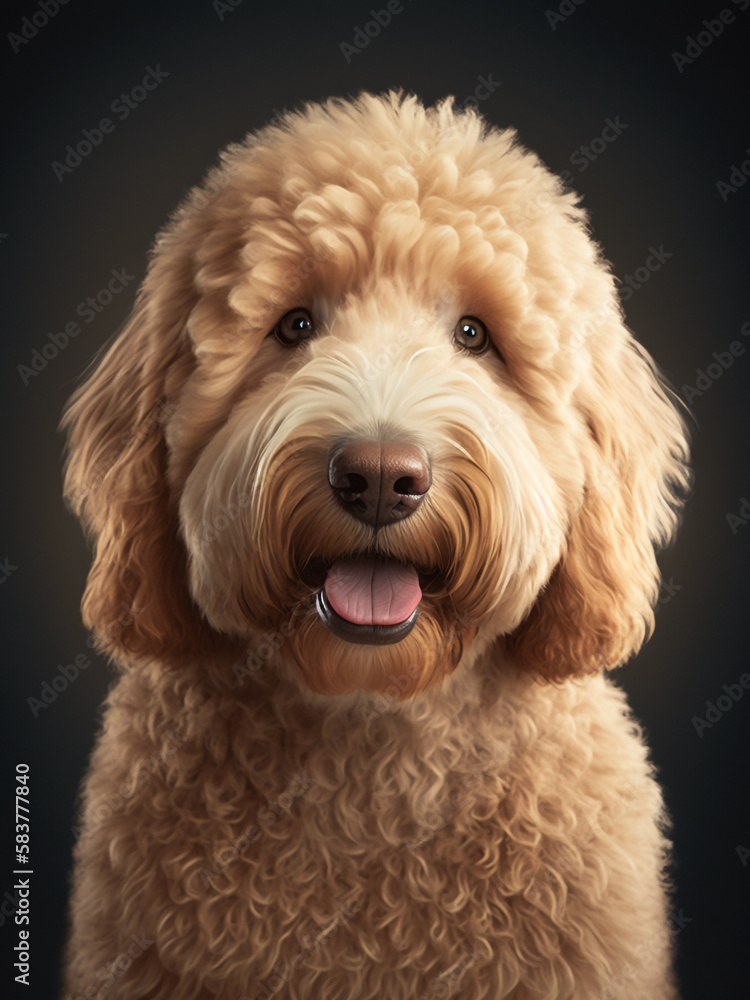 Cute golden doodle puppy smiling looking at camera in studio. Generative AI