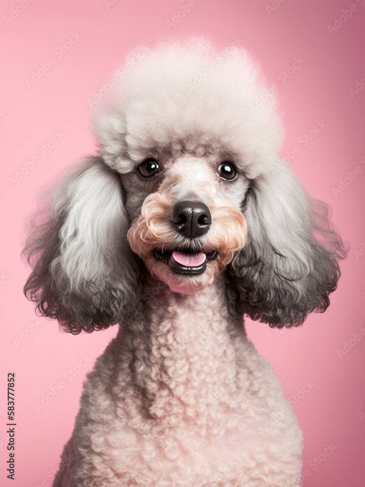 Funny portrait of poodle puppy dog with sweet eyes on pink background. Generative AI Funny portrait of poodle puppy dog with sweet eyes on pink background. Generative AI