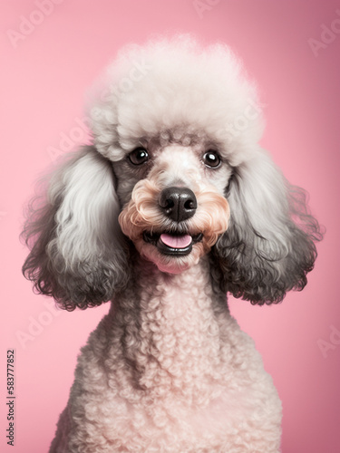 Funny portrait of poodle puppy dog with sweet eyes on pink background. Generative AI © Fonzy