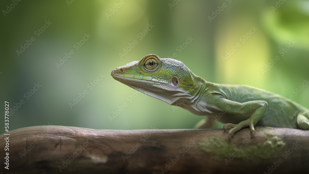 Green anole relaxing on a branch in a jungle environment and blurry background. Generative AI