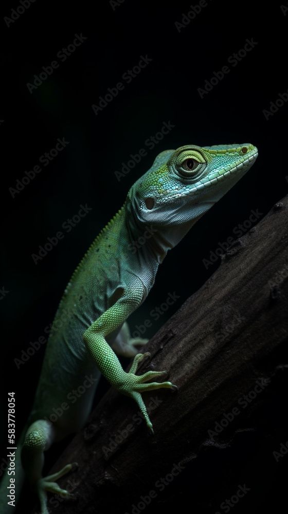 Fototapeta premium A little lizard is sitting on a tree branch against dark background with a light, green anole. Generative AI