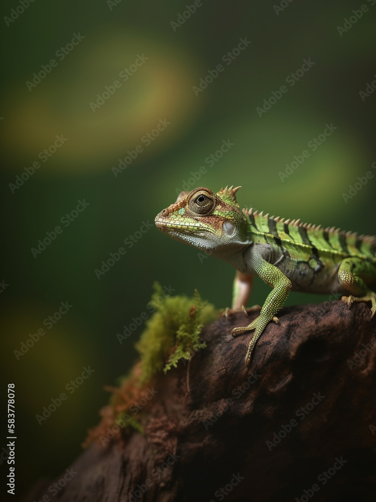 Green lizard calotes pethiyagodai on a branch of a tree in the nature with blurry background of leaves. Generative AI Green lizard calotes pethiyagodai on a branch of a tree in the nature with blurry background of leaves. Generative AI