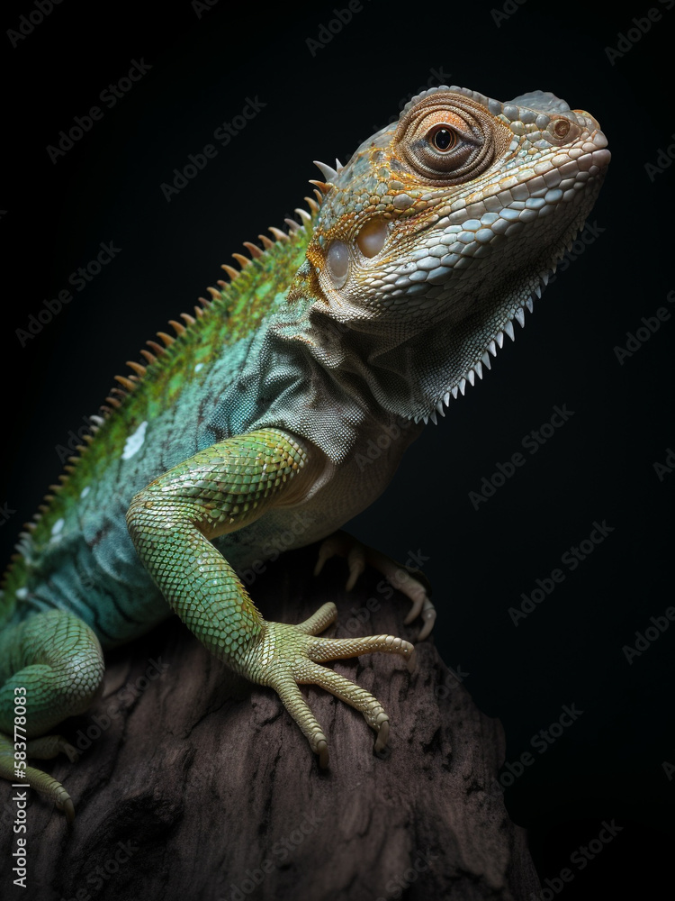 Nature power and beauty close up green iguana showing scaly skin, spines on neck, in a studio with lighting. Generative AI