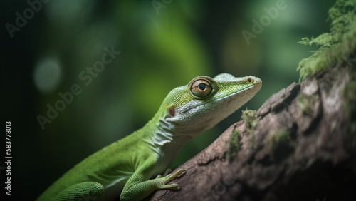 Selective focus on a green anole natural light flares and bokeh, wildlife photography. Generative AI