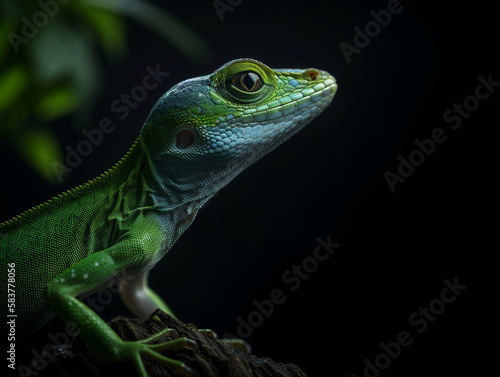 Anolis carolinensis sitting on a branch of a tree with a dark background and green leaves, green anole. Generative AI