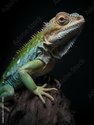 Nature power and beauty close up green iguana showing scaly skin, spines on neck, in a studio with lighting. Generative AI