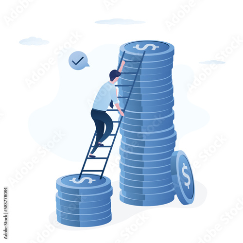 Successful businessman or investor climbing up ladder from low dollar money to huge money stack. Wage, income or salary increase, investment profit rising up,
