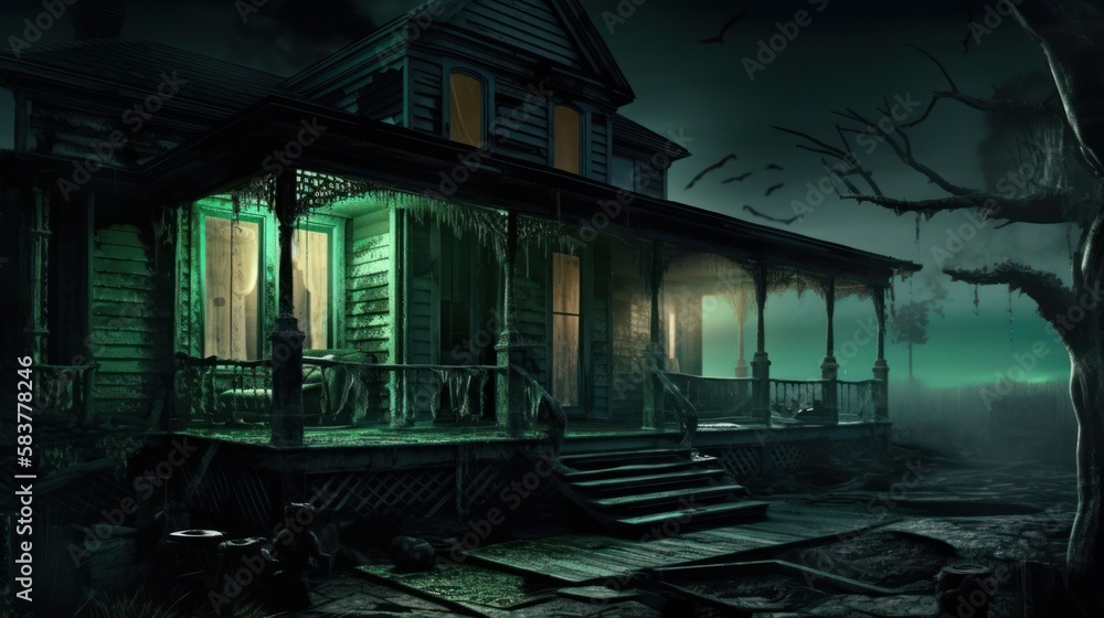 Front Porch of a ghostly, creepy and abandoned building, Haunted house Background, Digital Illustration, Concept Art, Generative AI Front Porch of a ghostly, creepy and abandoned building, Haunted house Background, Digital Illustration, Concept Art, Generative AI