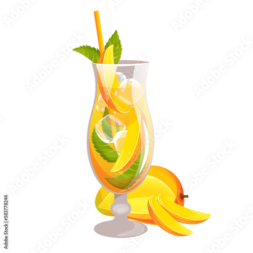 Cocktail with mango.Summer, refreshing drink, lemonade with mint, mango pieces.Vector illustration.