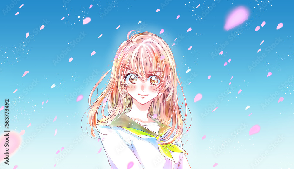セーラー服の女子学生　挑戦　桜吹雪