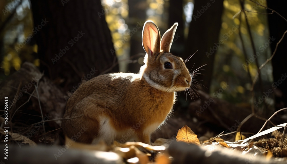Fototapeta premium a brown rabbit sitting in the forest resting
