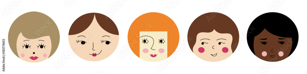 Feminine look, abstract personage, mascot design, funny face, cute icon.