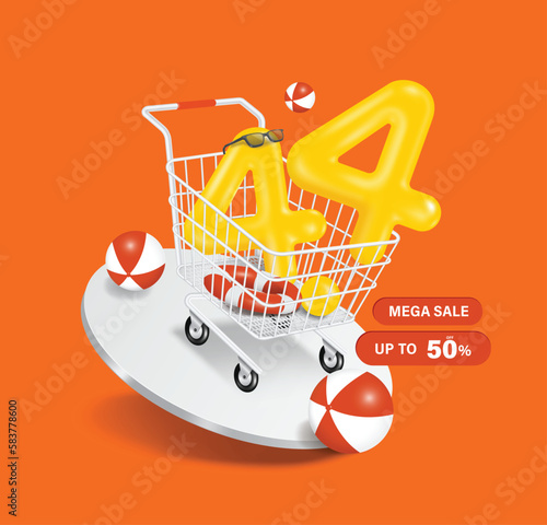 4.4 3D text float out shopping cart and below them there is promotional tag in the mega sale campaign 50% off and all on a round podium,
