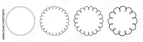 Doodle circle and oval scalloped frames. Hand drawn scalloped edge ellipse shapes. Simple round label form. Flower silhouette lace frame. Vector illustration isolated on white background.